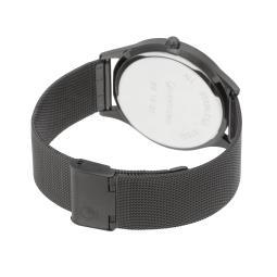 Montre homme, boîte acier noir, bracelet acier maille milanaise noir et verre minéral.