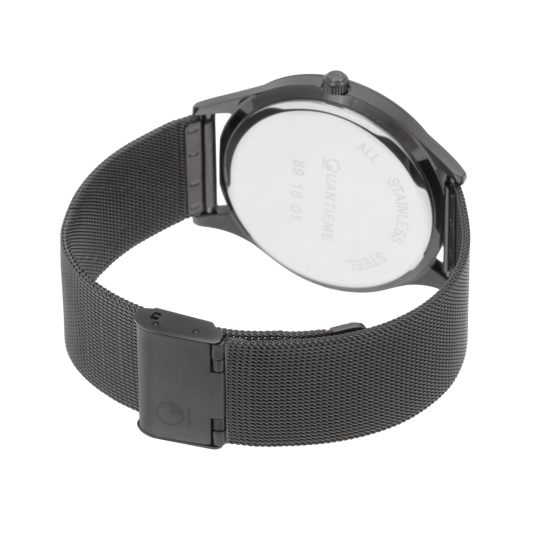 Montre homme, boîte acier noir, bracelet acier maille milanaise noir et verre minéral.