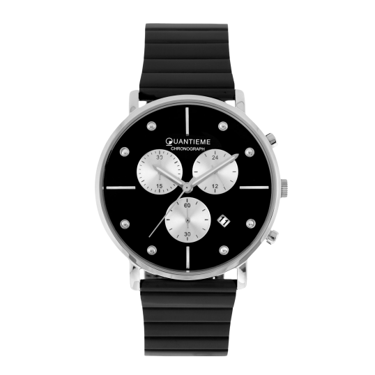 Chronographe homme, boîte en acier, bracelet en acier noir et verre minéral