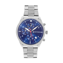 Chronographe homme, boîte et bracelet acier, cadran bleu et verre minéral