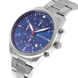 Chronographe homme, boîte et bracelet acier, cadran bleu et verre minéral