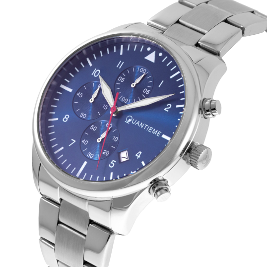 Chronographe homme, boîte et bracelet acier, cadran bleu et verre minéral