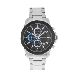 Chronographe homme, boîte et bracelet en acier, cadran noir et verre minéral