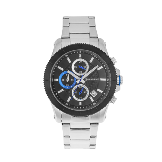 Chronographe homme, boîte et bracelet en acier, cadran noir et verre minéral