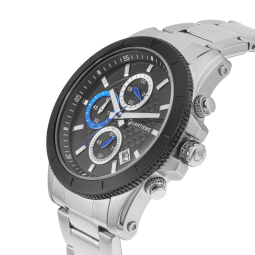 Chronographe homme, boîte et bracelet en acier, cadran noir et verre minéral