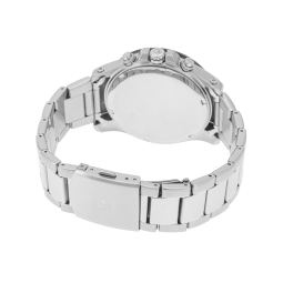Chronographe homme, boîte et bracelet en acier, cadran noir et verre minéral