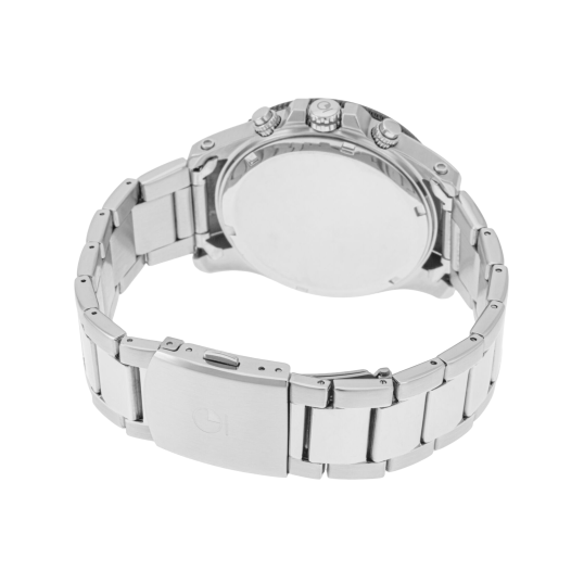 Chronographe homme, boîte et bracelet en acier, cadran noir et verre minéral