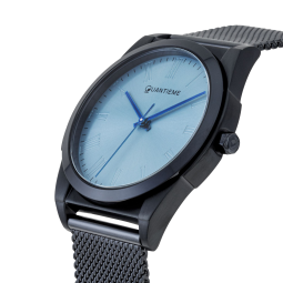 Montre homme, bracelet et boite en acier bleu, verre minéral