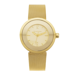 Montre dame, boite et bracelet acier doré, verre minéral