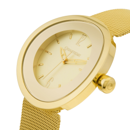 Montre dame, boite et bracelet acier doré, verre minéral