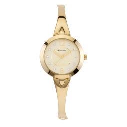 Montre femme, boîte acier doré et cristaux de synthèse, bracelet acier doré et verre minéral