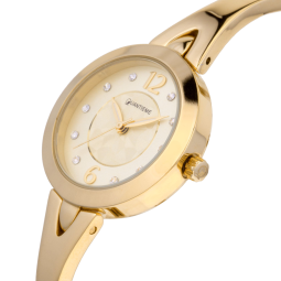 Montre femme, boîte acier doré et cristaux de synthèse, bracelet acier doré et verre minéral
