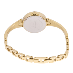 Montre femme, boîte acier doré et cristaux de synthèse, bracelet acier doré et verre minéral