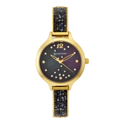 Montre dame, boîte et bracelet en acier doré et cristaux de synthèse, verre minéral
