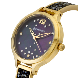 Montre dame, boîte et bracelet en acier doré et cristaux de synthèse, verre minéral