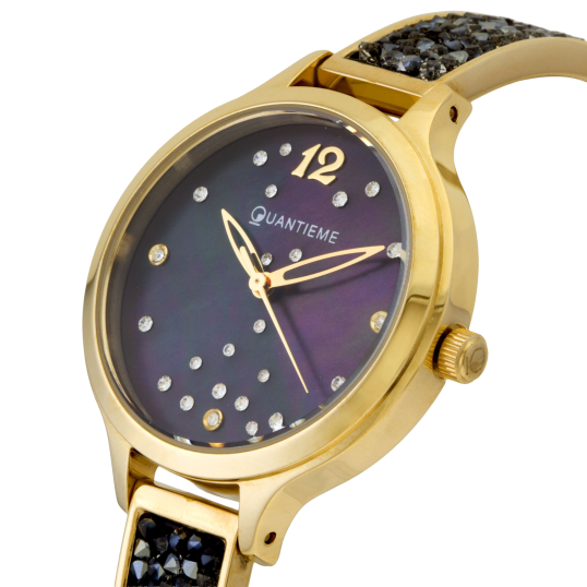 Montre dame, boîte et bracelet en acier doré et cristaux de synthèse, verre minéral