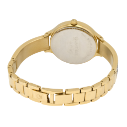 Montre dame, boîte et bracelet en acier doré et cristaux de synthèse, verre minéral