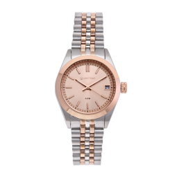 Montre femme étanche 50 métres, boîte acier et acier doré rose, bracelet acier et acier doré rose et verre minéral