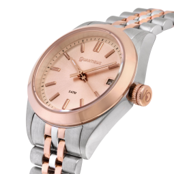 Montre femme étanche 50 métres, boîte acier et acier doré rose, bracelet acier et acier doré rose et verre minéral