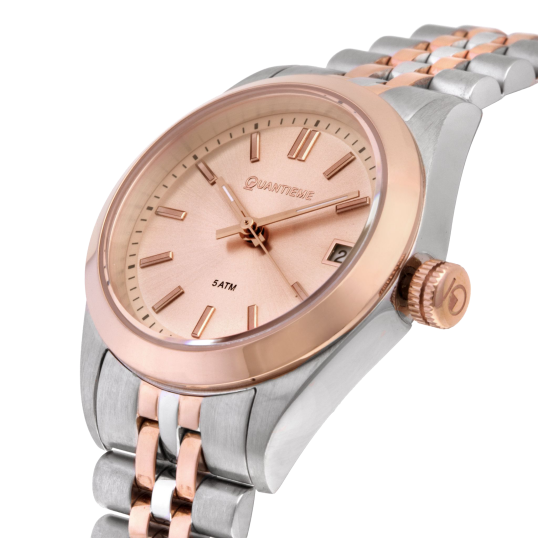 Montre femme étanche 50 métres, boîte acier et acier doré rose, bracelet acier et acier doré rose et verre minéral