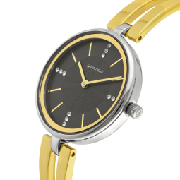 Montre femme, boîte acier, bracelet acier et acier doré et verre minéral