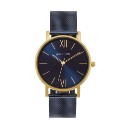 Montre femme, boîte acier doré, bracelet acier bleu et verre minéral