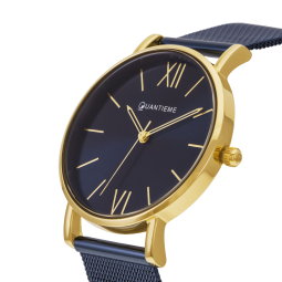 Montre femme, boîte acier doré, bracelet acier bleu et verre minéral