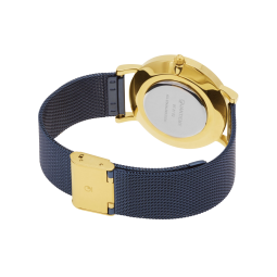 Montre femme, boîte acier doré, bracelet acier bleu et verre minéral