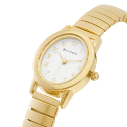 Montre femme, boîte et bracelet acier doré et verre minéral