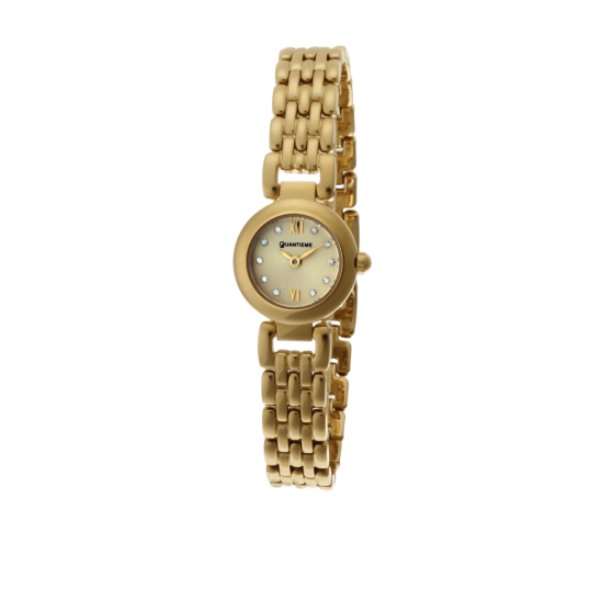 Montre dame, boîte acier doré, bracelet acier doré et verre minéral