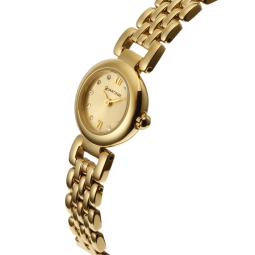 Montre dame, boîte acier doré, bracelet acier doré et verre minéral
