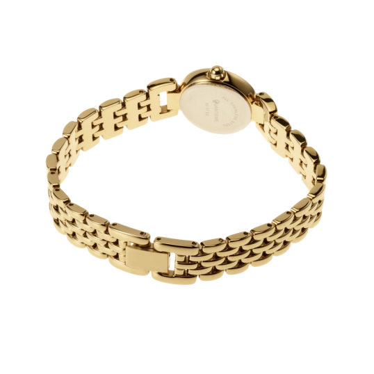 Montre dame, boîte acier doré, bracelet acier doré et verre minéral
