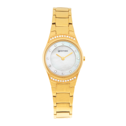 Montre dame, boîte et bracelet acier doré, cristaux de synthèse et verre minéral
