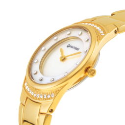 Montre dame, boîte et bracelet acier doré, cristaux de synthèse et verre minéral