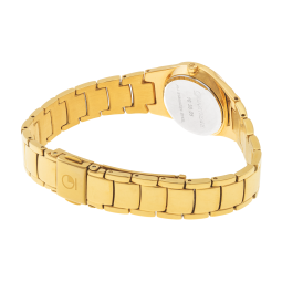 Montre dame, boîte et bracelet acier doré, cristaux de synthèse et verre minéral