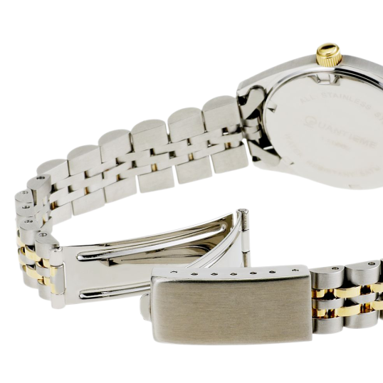 Montre dame étanche 50 m, boite et bracelet en acier et acier doré, verre minéral