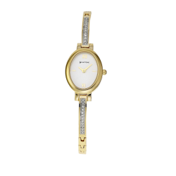 Montre dame, boite et bracelet en acier et acier doré, cristaux de synthèse et verre minéral