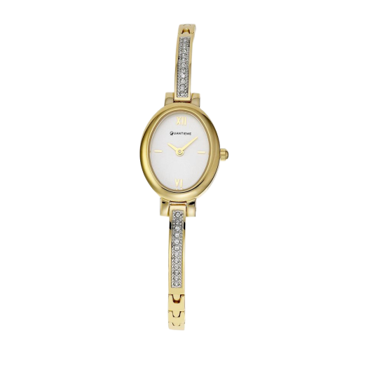 Montre dame, boite et bracelet en acier et acier doré, cristaux de synthèse et verre minéral