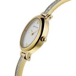 Montre dame, boite et bracelet en acier et acier doré, cristaux de synthèse et verre minéral