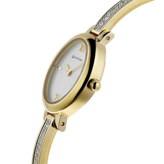 Montre dame, boite et bracelet en acier et acier doré, cristaux de synthèse et verre minéral
