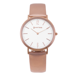 Montre femme, boîte en acier doré rose, bracelet cuir et tissu, verre minéral