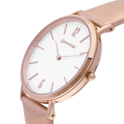 Montre femme, boîte en acier doré rose, bracelet cuir et tissu, verre minéral