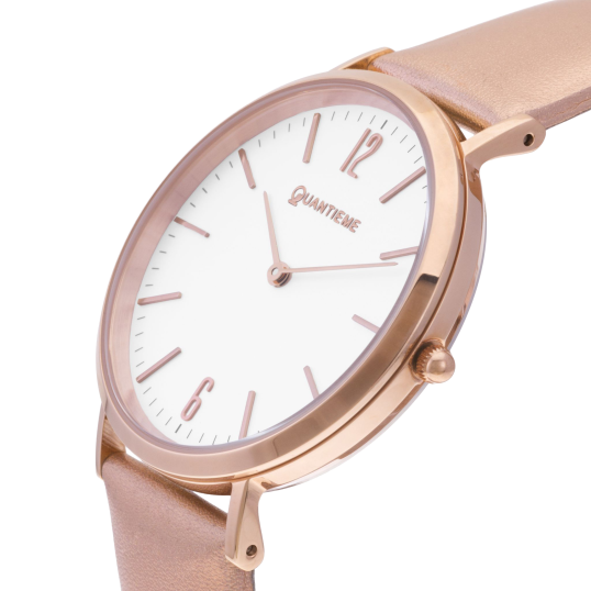 Montre femme, boîte en acier doré rose, bracelet cuir et tissu, verre minéral