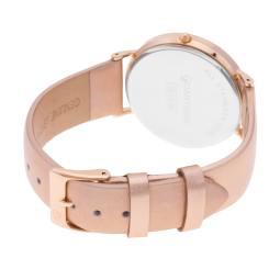 Montre femme, boîte en acier doré rose, bracelet cuir et tissu, verre minéral