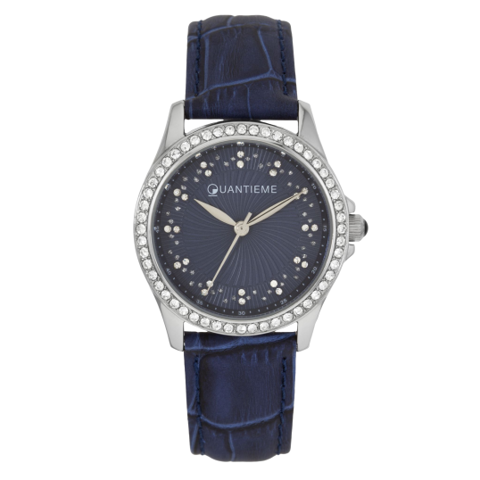 Montre femme, boîte acier et cristaux de synthèse, bracelet cuir et verre minéral