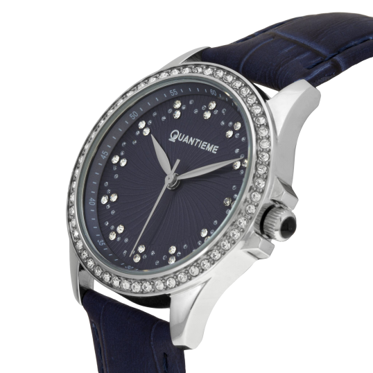 Montre femme, boîte acier et cristaux de synthèse, bracelet cuir et verre minéral