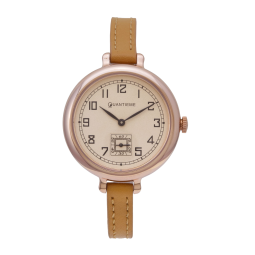 Montre femme, boîte acier doré rose, bracelet cuir et verre minéral
