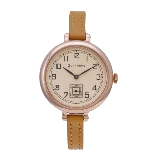 Montre femme, boîte acier doré rose, bracelet cuir et verre minéral