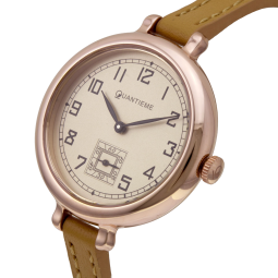 Montre femme, boîte acier doré rose, bracelet cuir et verre minéral