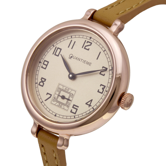 Montre femme, boîte acier doré rose, bracelet cuir et verre minéral